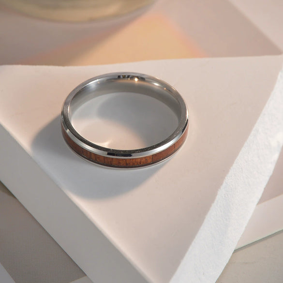 Wholesale Jewelry Titanium Steel Geometric Hawaiian Acacia Wood Inlaid Ring Couple Jewelry