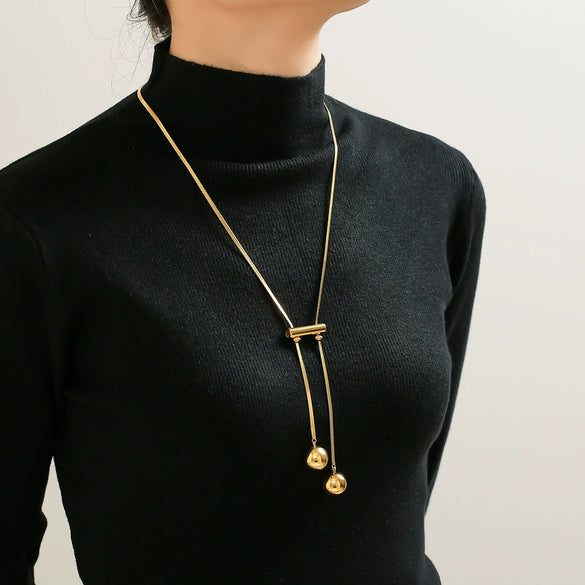 Wholesale Jewelry 316L Stainless Steel Geometric Hollow Ball Long Tassel Pendant Chain Electroplated Fashion Light Luxury Women's