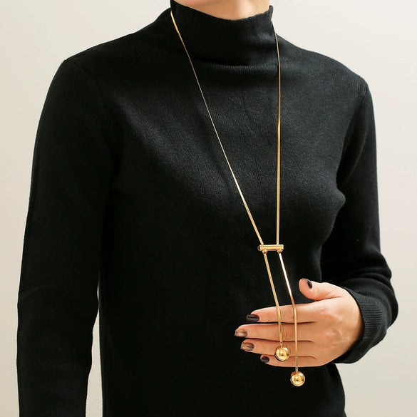 Wholesale Jewelry 316L Stainless Steel Geometric Hollow Ball Long Tassel Pendant Chain Electroplated Fashion Light Luxury Women's