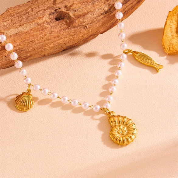 Wholesale Jewelry Titanium Steel Geometric Sea Life Shell Pearl Beach Necklace Electroplating For Women