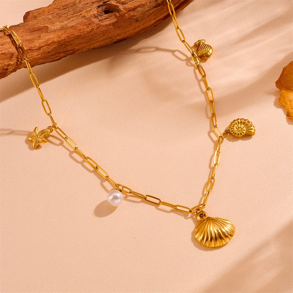 Wholesale Jewelry Titanium Steel Geometric Sea Life Shell Pearl Beach Necklace Electroplating For Women