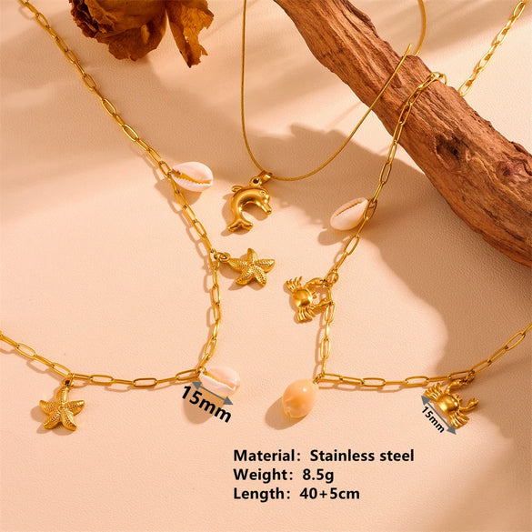 Wholesale Jewelry Titanium Steel Geometric Sea Life Shell Pearl Beach Necklace Electroplating For Women
