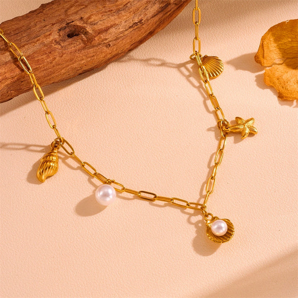 Wholesale Jewelry Titanium Steel Geometric Sea Life Shell Pearl Beach Necklace Electroplating For Women