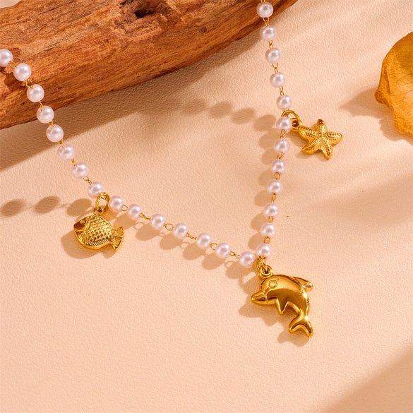 Wholesale Jewelry Titanium Steel Geometric Sea Life Shell Pearl Beach Necklace Electroplating For Women
