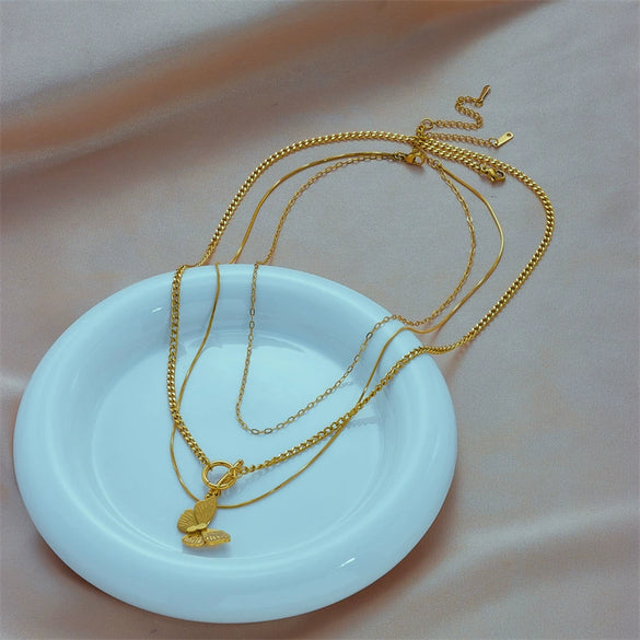 Wholesale Jewelry Titanium Steel Geometric Three Dimensional Butterfly Pendant Multi Layer Chain Necklace For Women With Electroplating