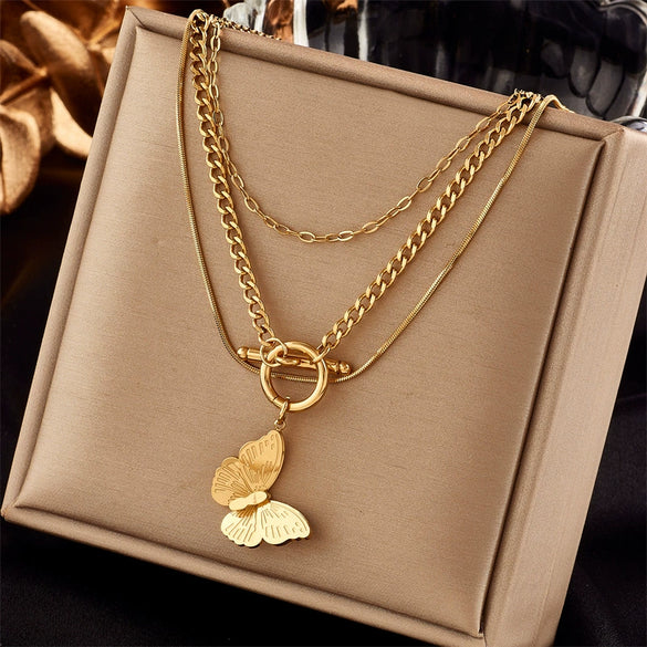 Wholesale Jewelry Titanium Steel Geometric Three Dimensional Butterfly Pendant Multi Layer Chain Necklace For Women With Electroplating