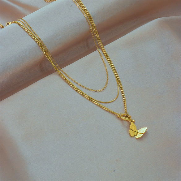 Wholesale Jewelry Titanium Steel Geometric Three Dimensional Butterfly Pendant Multi Layer Chain Necklace For Women With Electroplating