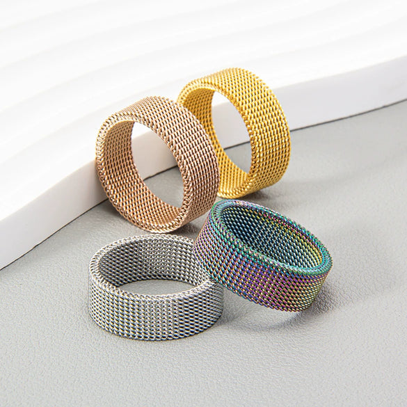 Wholesale Jewelry Titanium Steel Geometric Woven Mesh Deformation Ring Electroplated