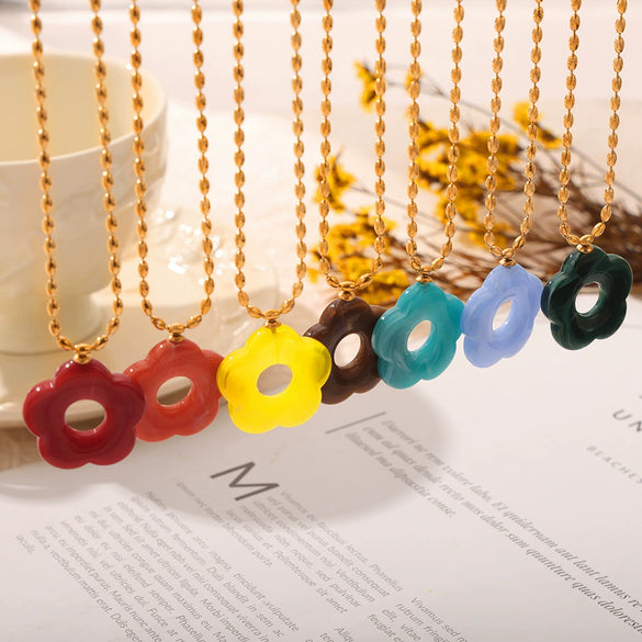 Wholesale Jewelry 316L Stainless Steel Gold Plated Chain With Flower Resin Pendant Fresh Simple Style For Women