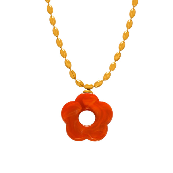 Wholesale Jewelry 316L Stainless Steel Gold Plated Chain With Flower Resin Pendant Fresh Simple Style For Women