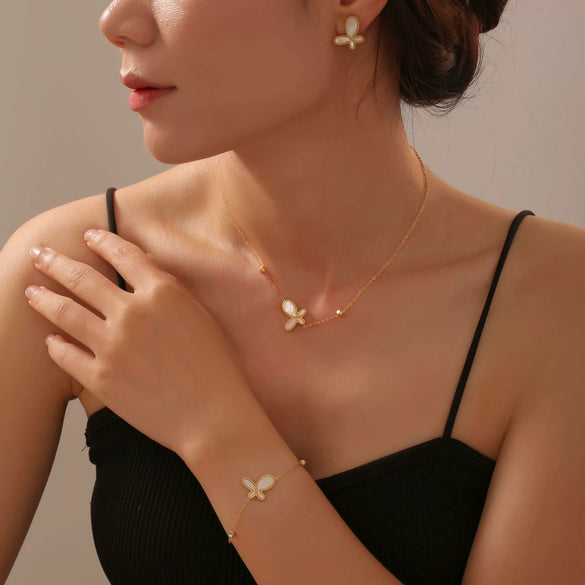 Wholesale Jewelry 316L Stainless Steel Gold Plated Inlaid White Shell Butterfly Pendant Unisex Set