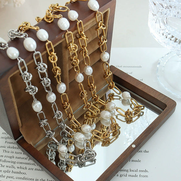 Wholesale Jewelry 316L Stainless Steel Gold Plated Retro Elegant Freshwater Pearl Kink Chain Necklace And Bracelet Set