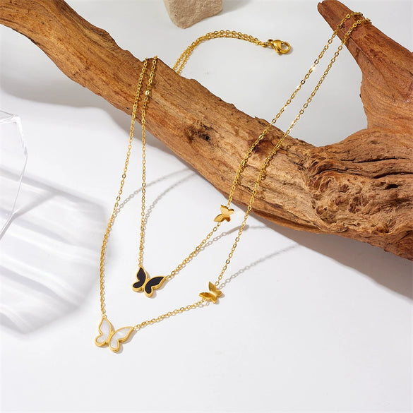 Wholesale Jewelry Titanium Steel Goldplated Butterfly Double Chain Necklace Elegant Black And White Glossy Stereo Style