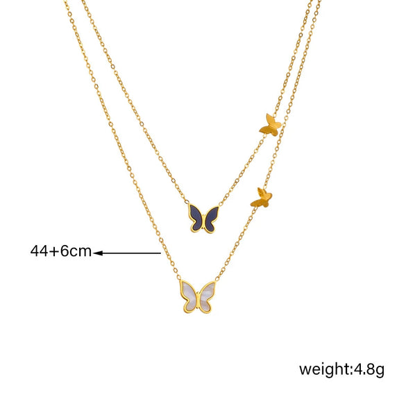 Wholesale Jewelry Titanium Steel Goldplated Butterfly Double Chain Necklace Elegant Black And White Glossy Stereo Style