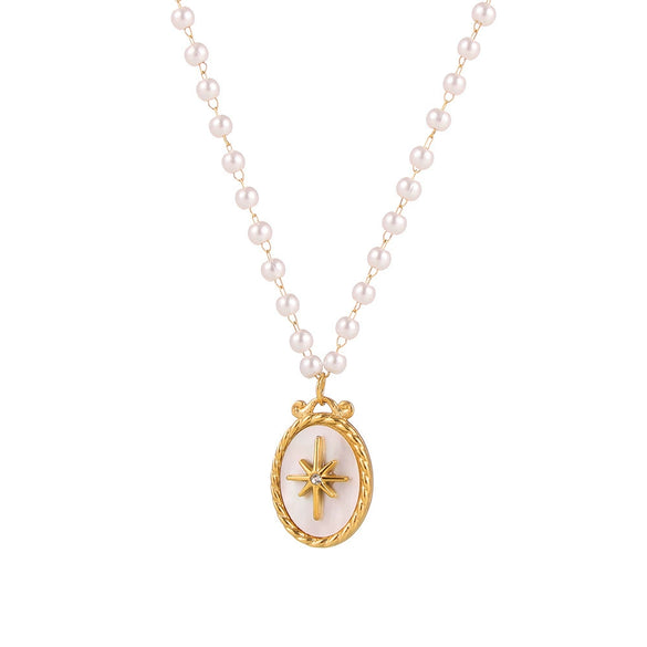 Wholesale Jewelry 316L Stainless Steel Imitation Pearl Chain Necklace With Natural Fritillaria Oval Pendant Geometric Style Electroplating For Women