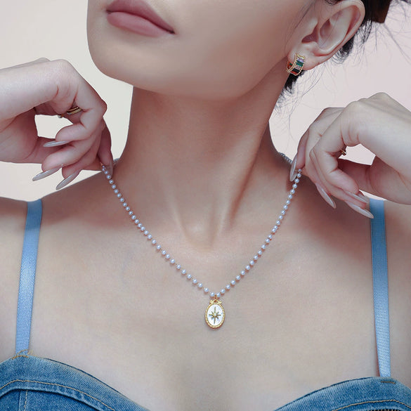 Wholesale Jewelry 316L Stainless Steel Imitation Pearl Chain Necklace With Natural Fritillaria Oval Pendant Geometric Style Electroplating For Women