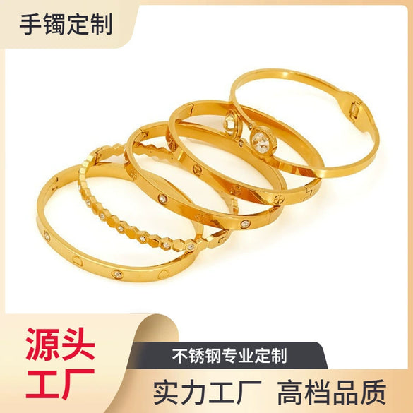 Wholesale Jewelry Titanium Steel 18K Gold Plated Inlaid Zircon Geometric Style Bracelet