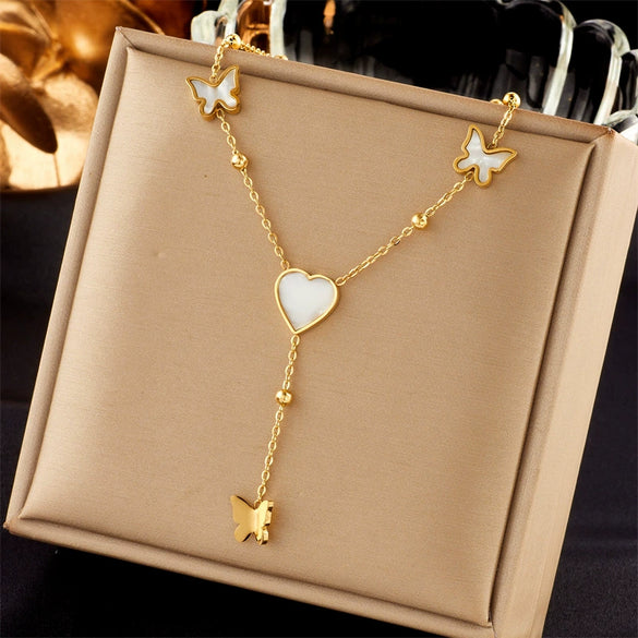 Wholesale Jewelry Titanium Steel Love Heart Butterfly Tassel Pendant Necklace Electroplated For Women