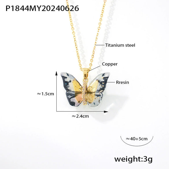 Wholesale Jewelry 316L Stainless Steel Multicolor Resin Butterfly Shape Pendant Necklace With Diamond Design And Ochain