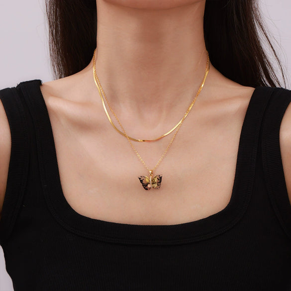 Wholesale Jewelry 316L Stainless Steel Multicolor Resin Butterfly Shape Pendant Necklace With Diamond Design And Ochain