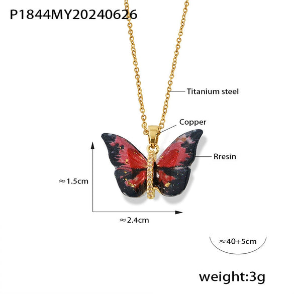 Wholesale Jewelry 316L Stainless Steel Multicolor Resin Butterfly Shape Pendant Necklace With Diamond Design And Ochain