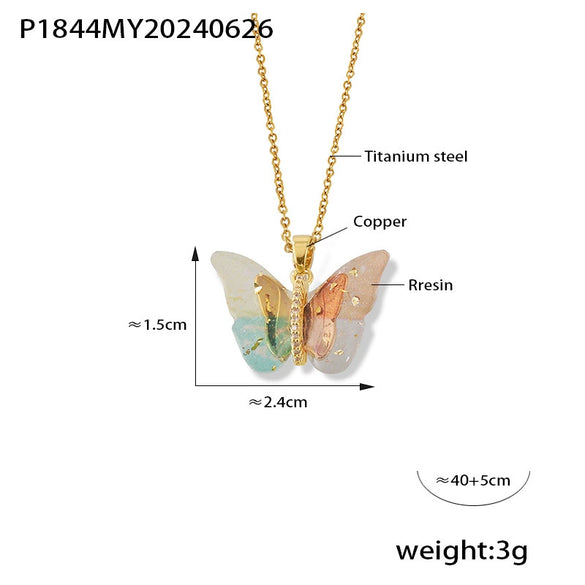 Wholesale Jewelry 316L Stainless Steel Multicolor Resin Butterfly Shape Pendant Necklace With Diamond Design And Ochain