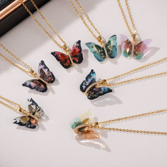 Wholesale Jewelry 316L Stainless Steel Multicolor Resin Butterfly Shape Pendant Necklace With Diamond Design And Ochain