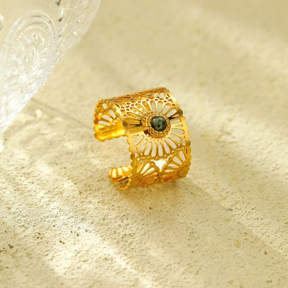 Wholesale Jewelry Titanium Steel Open Ring Inlaid With Natural Stone 18K Gold Plated Electroplated Geometric Women's