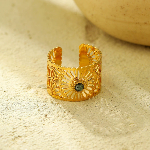 Wholesale Jewelry Titanium Steel Open Ring Inlaid With Natural Stone 18K Gold Plated Electroplated Geometric Women's