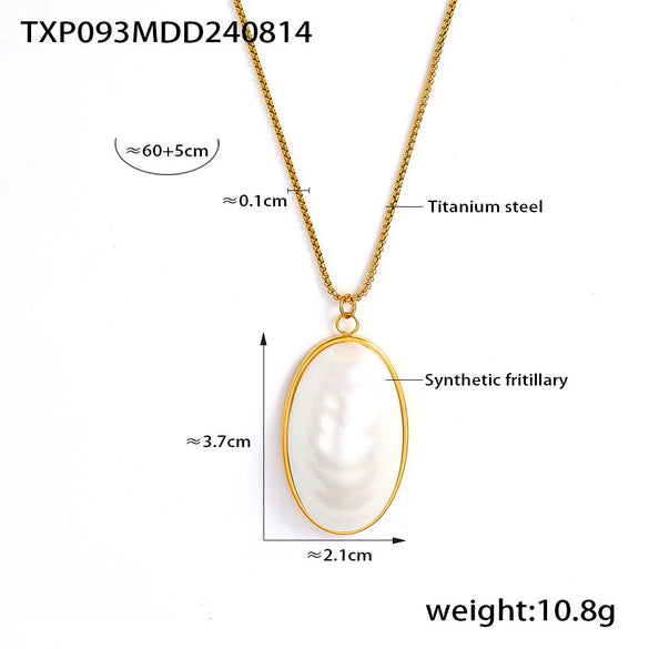 Wholesale Jewelry Titanium Steel Oval Fritillaria Pendant Necklace Ring Earrings 18K Gold Plated Light Luxury Set