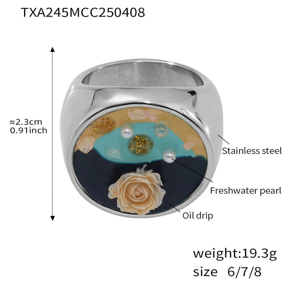 Wholesale Jewelry 316L Stainless Steel Pearl Weight Glaze Plants Flowers Pattern Electroplating Women's Court Style Necklace
