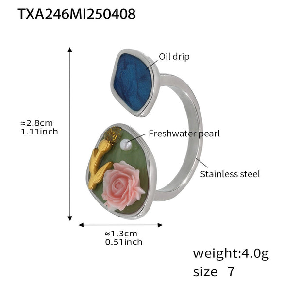 Wholesale Jewelry 316L Stainless Steel Pearl Weight Glaze Plants Flowers Pattern Electroplating Women's Court Style Necklace