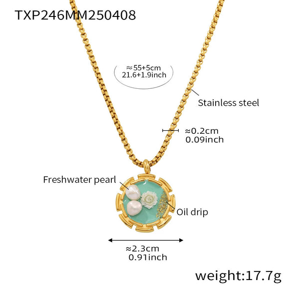 Wholesale Jewelry 316L Stainless Steel Pearl Weight Glaze Plants Flowers Pattern Electroplating Women's Court Style Necklace