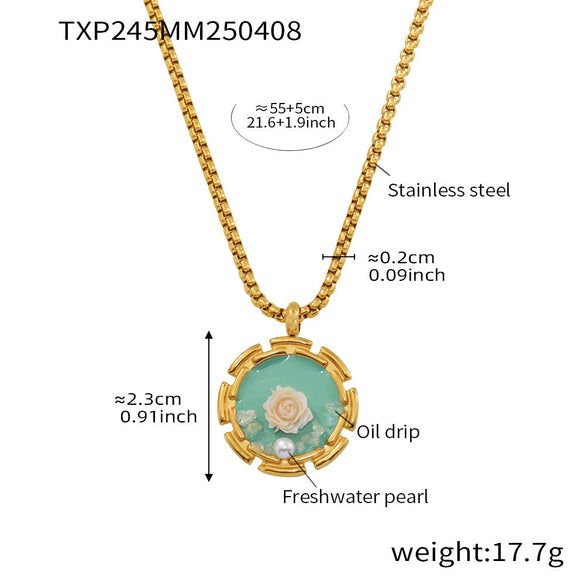 Wholesale Jewelry 316L Stainless Steel Pearl Weight Glaze Plants Flowers Pattern Electroplating Women's Court Style Necklace