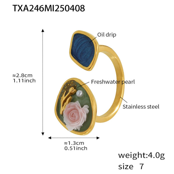 Wholesale Jewelry 316L Stainless Steel Pearl Weight Glaze Plants Flowers Pattern Electroplating Women's Court Style Necklace
