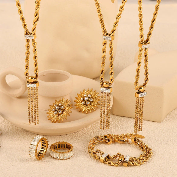 Wholesale Jewelry Titanium Steel Plant Flowers Woven Tassel Electroplating Necklace Bracelet Ring Set