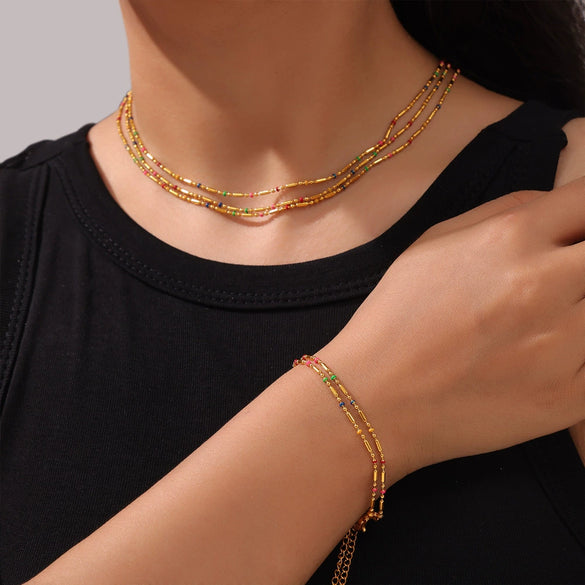 Wholesale Jewelry 316L Stainless Steel Rice Bead Chain Oil Dropping Design Electroplated Unisex
