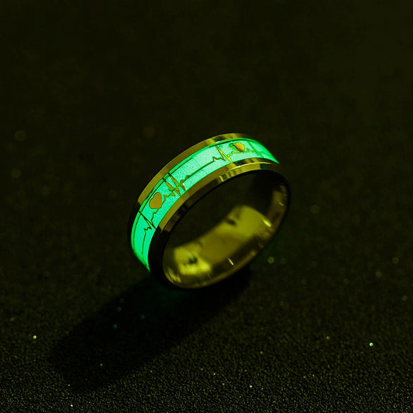 Wholesale Jewelry Titanium Steel Ring With Electrocardiogram Heartbeat Pattern And Dripping Oil Treatment Unisex Inlaid Carbon Fiber With Letters Numbers Text