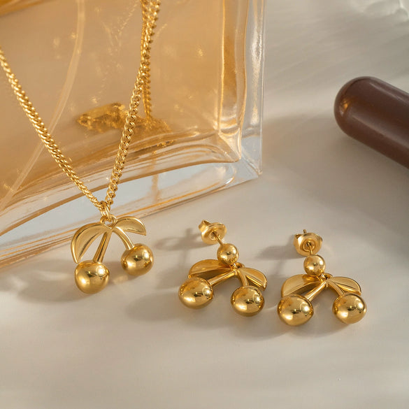Wholesale Jewelry Titanium Steel Stainless Steel Fruit Pattern Fairy Style Earrings Necklace Suit With Pvd Vacuum Real Gold Electroplating