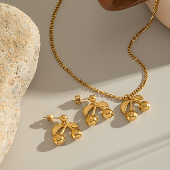 Wholesale Jewelry Titanium Steel Stainless Steel Fruit Pattern Fairy Style Earrings Necklace Suit With Pvd Vacuum Real Gold Electroplating
