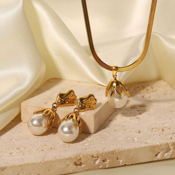 Wholesale Jewelry Titanium Steel Stainless Steel Geometric Baroque Pearl Earrings And Necklace Electroplating