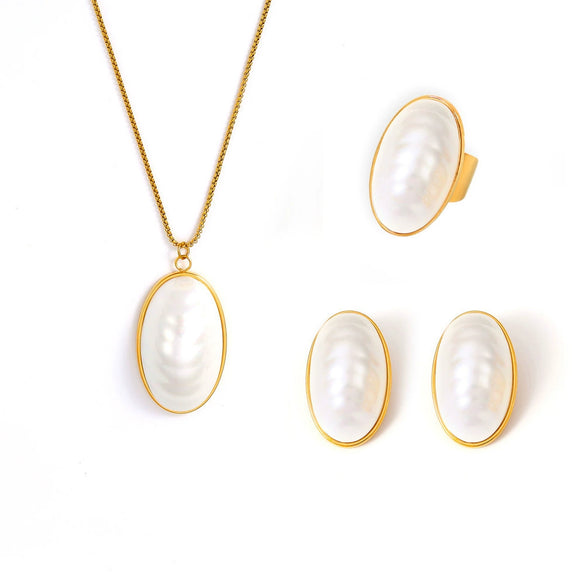 Wholesale Jewelry 316L Stainless Steel Synthetic Fritillaria Ellipse Electroplated Light Luxury Women's Pendant Collarbone Necklace Ring Earrings