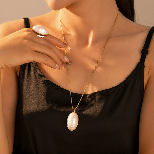 Wholesale Jewelry 316L Stainless Steel Synthetic Fritillaria Ellipse Electroplated Light Luxury Women's Pendant Collarbone Necklace Ring Earrings