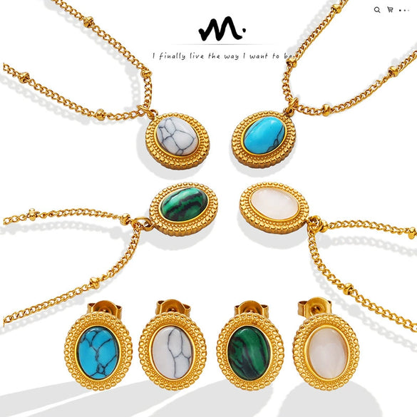 Wholesale Jewelry 316L Stainless Steel Turquoise Opalite Inlaid Cat's Eye Retro Geometric Style For Women