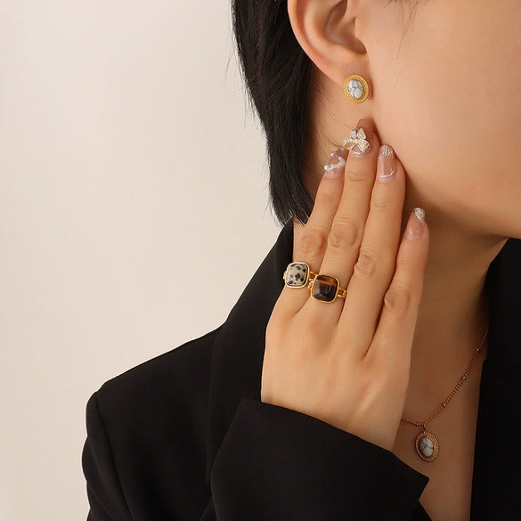 Wholesale Jewelry 316L Stainless Steel Turquoise Opalite Inlaid Cat's Eye Retro Geometric Style For Women
