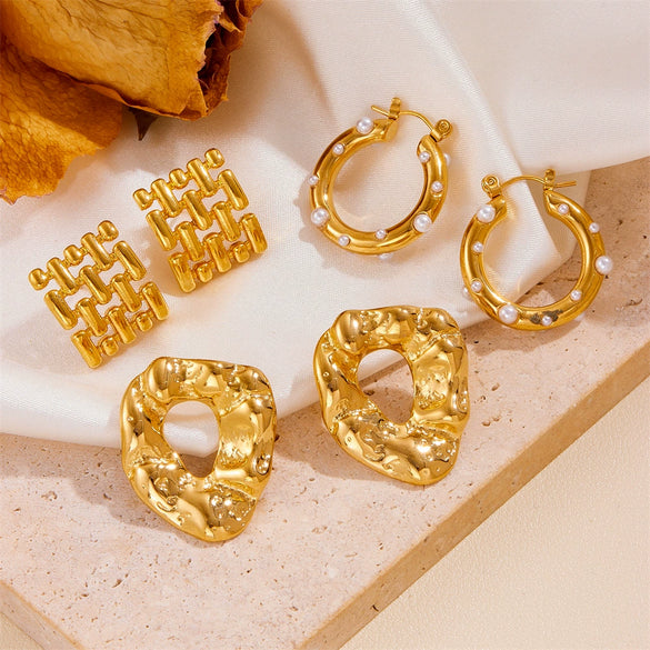 Wholesale Jewelry Titanium Steel Vacuum Plated Geometric Hammer Pattern Water Drop Unisex Earrings