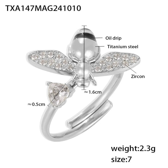 Wholesale Jewelry 316L Stainless Steel Zircon Drip Oil Industrious Little Bee Light Luxury Electroplated Necklace Bracelet Ring Earrings Set For Women