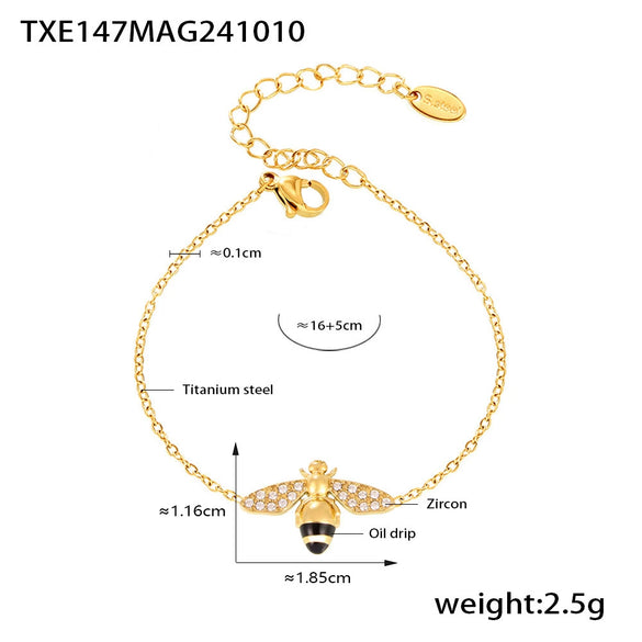 Wholesale Jewelry 316L Stainless Steel Zircon Drip Oil Industrious Little Bee Light Luxury Electroplated Necklace Bracelet Ring Earrings Set For Women