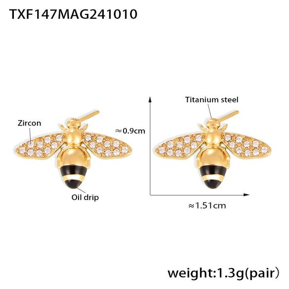 Wholesale Jewelry 316L Stainless Steel Zircon Drip Oil Industrious Little Bee Light Luxury Electroplated Necklace Bracelet Ring Earrings Set For Women