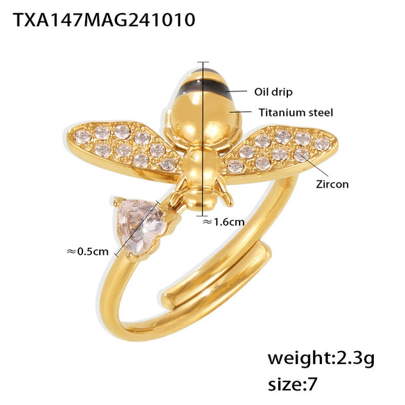 Wholesale Jewelry 316L Stainless Steel Zircon Drip Oil Industrious Little Bee Light Luxury Electroplated Necklace Bracelet Ring Earrings Set For Women